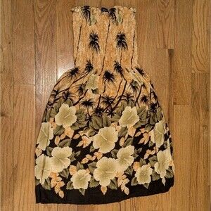 Hibiscus Hawaii Smocked One Size Dress Tropical Boho Resort Sundress Palm Tree